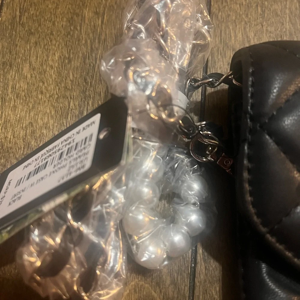 Jewel Badgley Mischka Black Quilted Phone Holster with Pearl Details